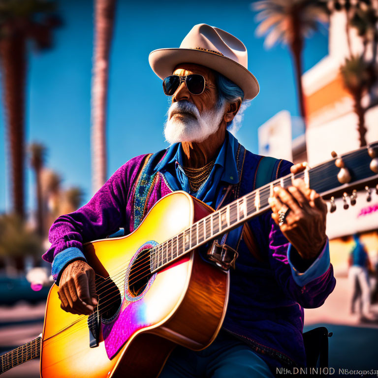 Elderly Musician Playing Guitar on Sunny Street