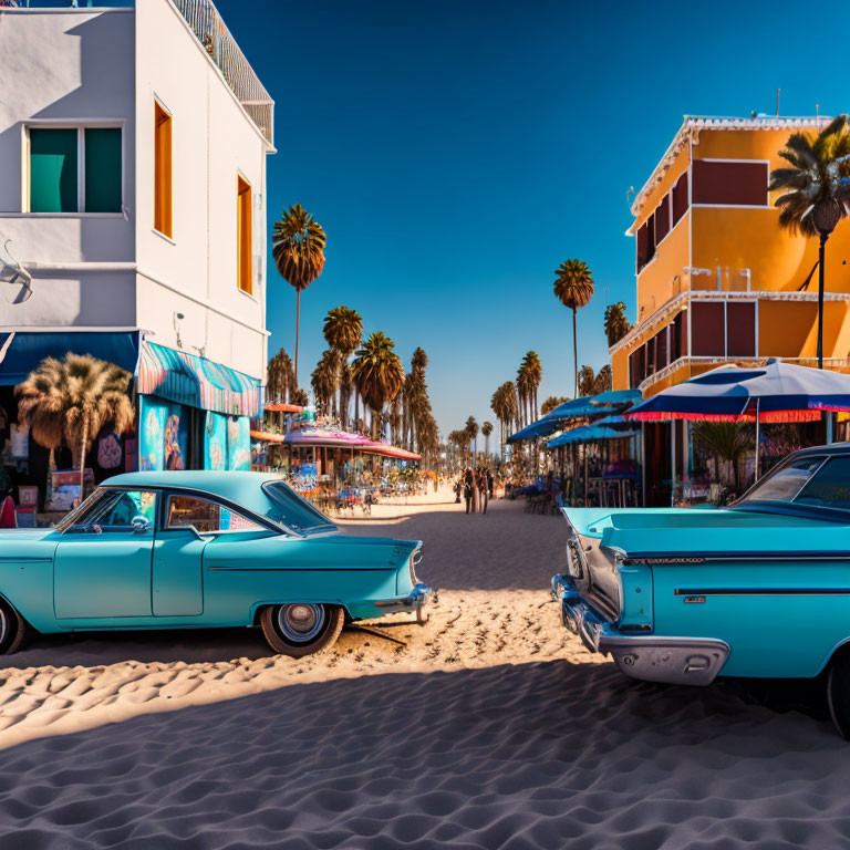 Tropical beach scene with classic cars, palm-lined boardwalk, colorful buildings