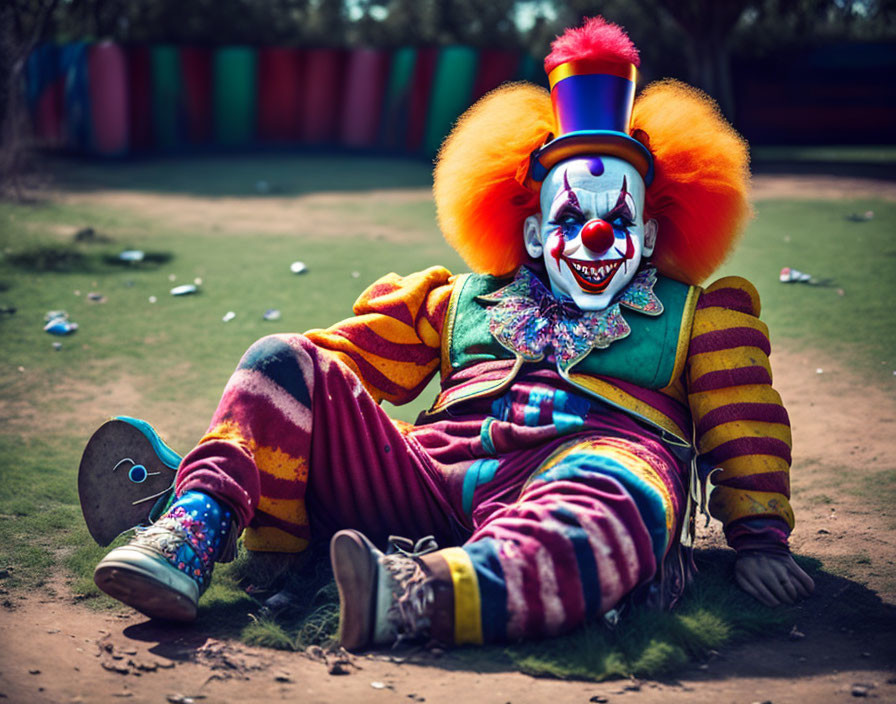 Eerie clown in colorful costume with defeated posture