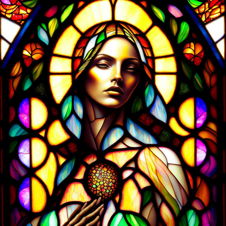 Colorful Stained Glass Artwork of Woman's Face with Intricate Motif