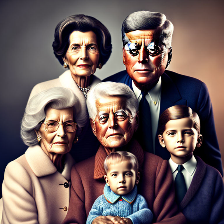 Vintage-style Family Portrait with Two Elderly Couples and Two Young Boys in Formal Attire