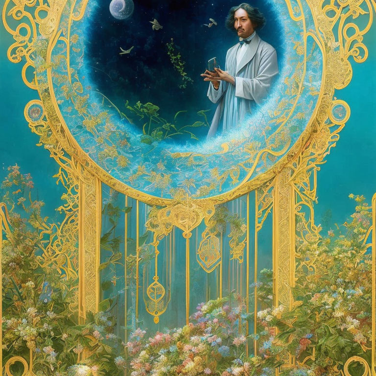 Celestial figure in oval frame with floral arch and gold patterns