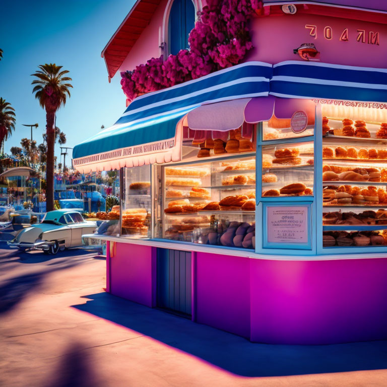 Colorful 1950s-style diner with pink and blue façade, pastries display, canopy