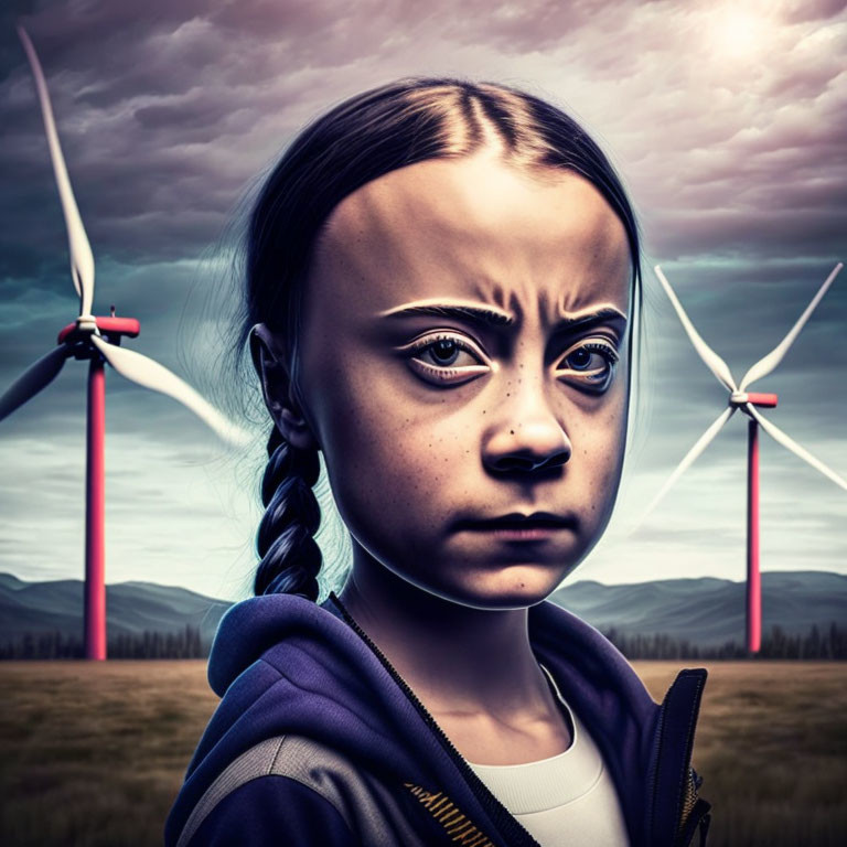 Illustration of serious young girl with braid and wind turbines in field