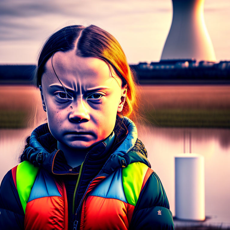 Child with exaggerated frown lines against industrial backdrop