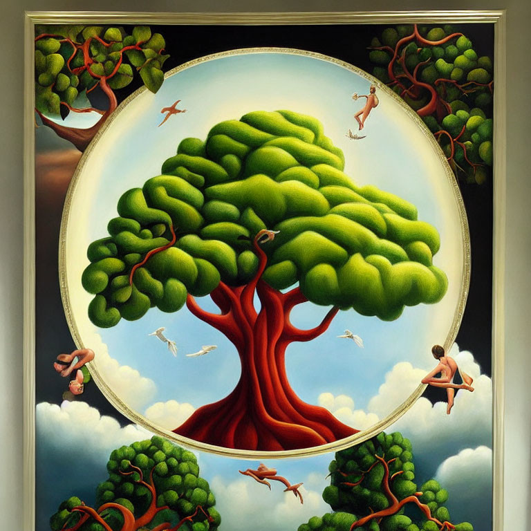 Surrealist painting with vibrant tree, human figures, and floating clouds