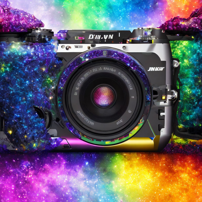 DSLR Camera with Lens Against Cosmic Starry Background