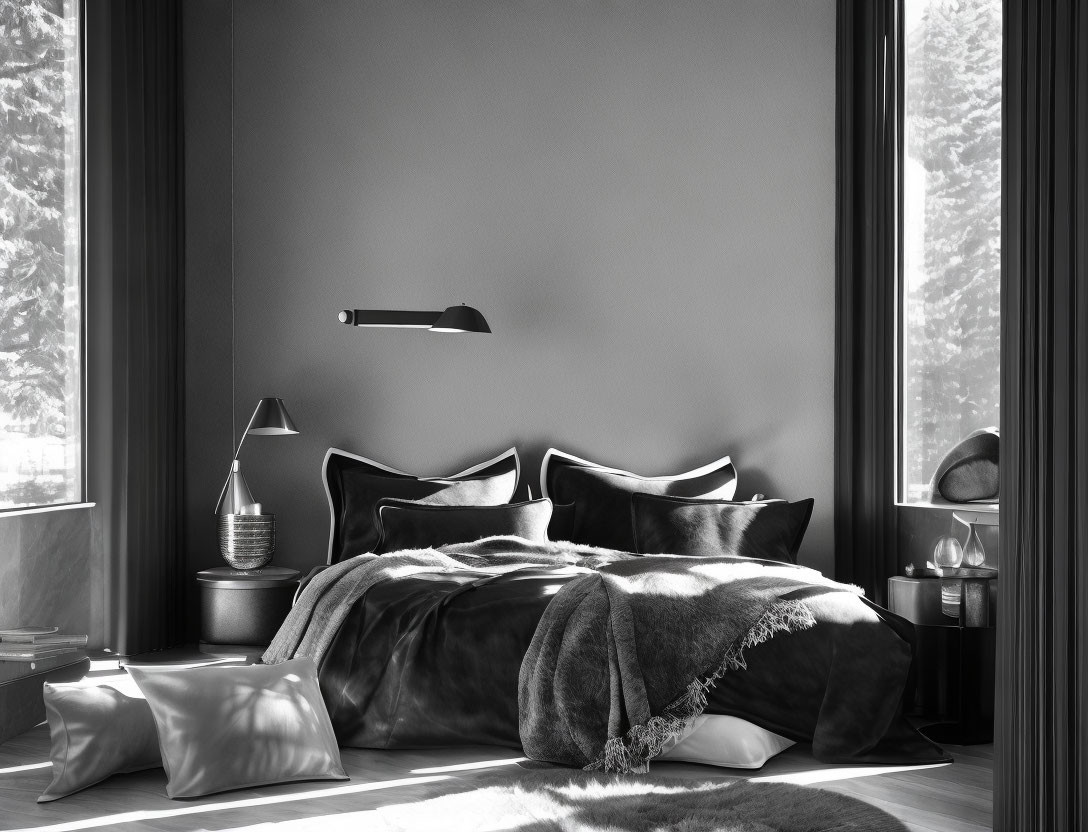 Minimalist Monochrome Bedroom with Plush Bed, Pillows, Blanket, Lamp, and Tree