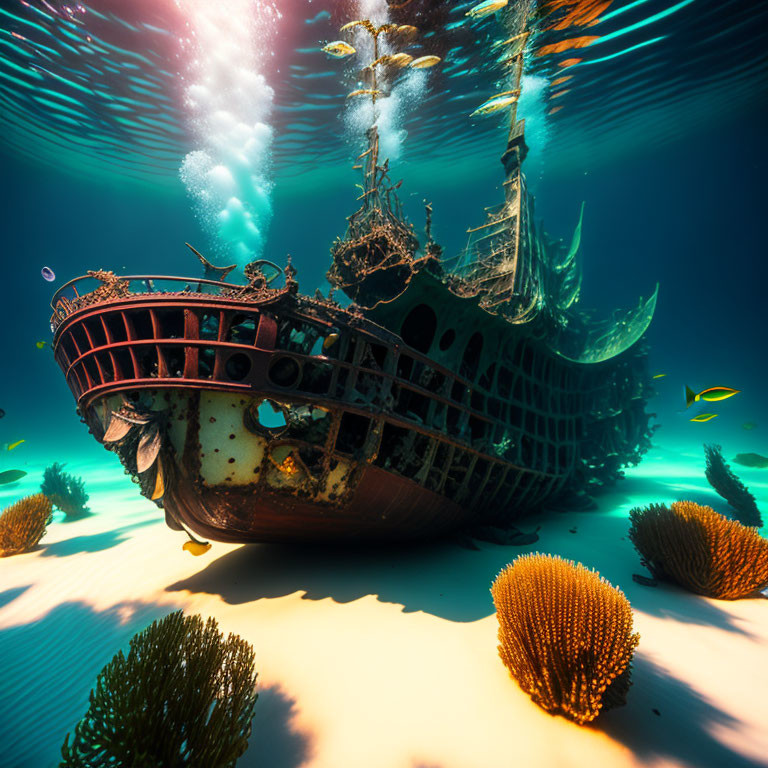 Underwater scene: sunken shipwreck, coral, fish, and light beams.