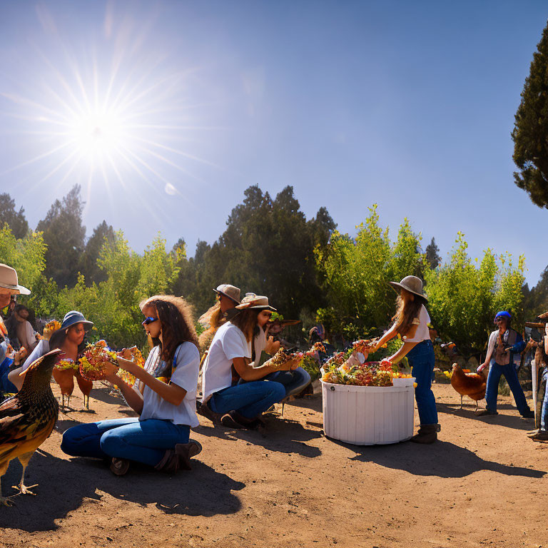 People sorting colorful flowers in outdoor farm setting with hats and chicken.