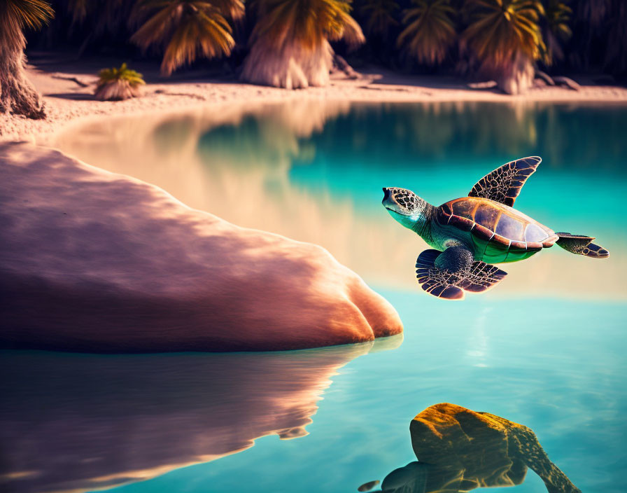 Tranquil sea turtle swimming near sandy shore at dusk