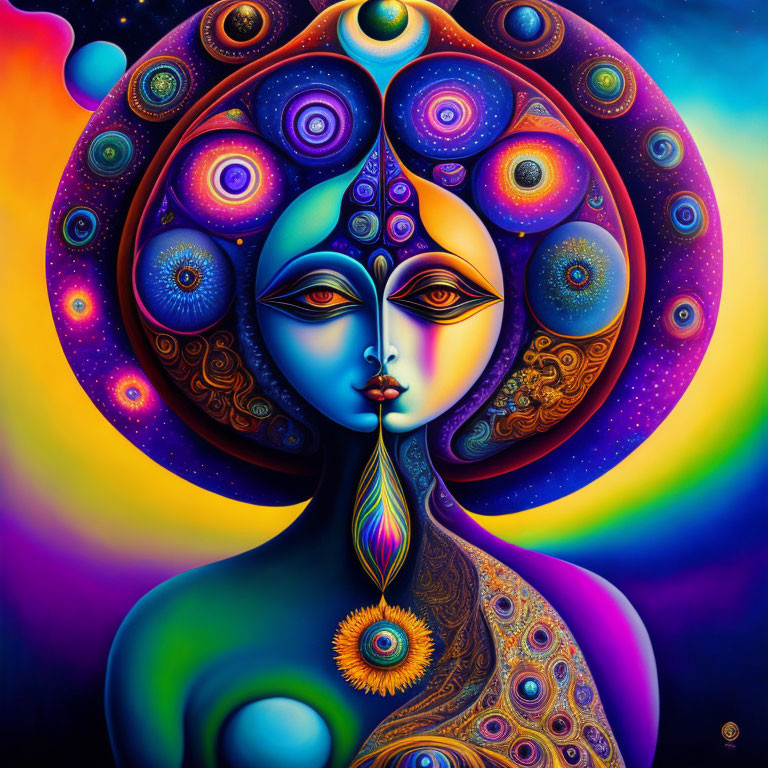 Dual-faced figure with intricate patterns in vibrant, psychedelic art