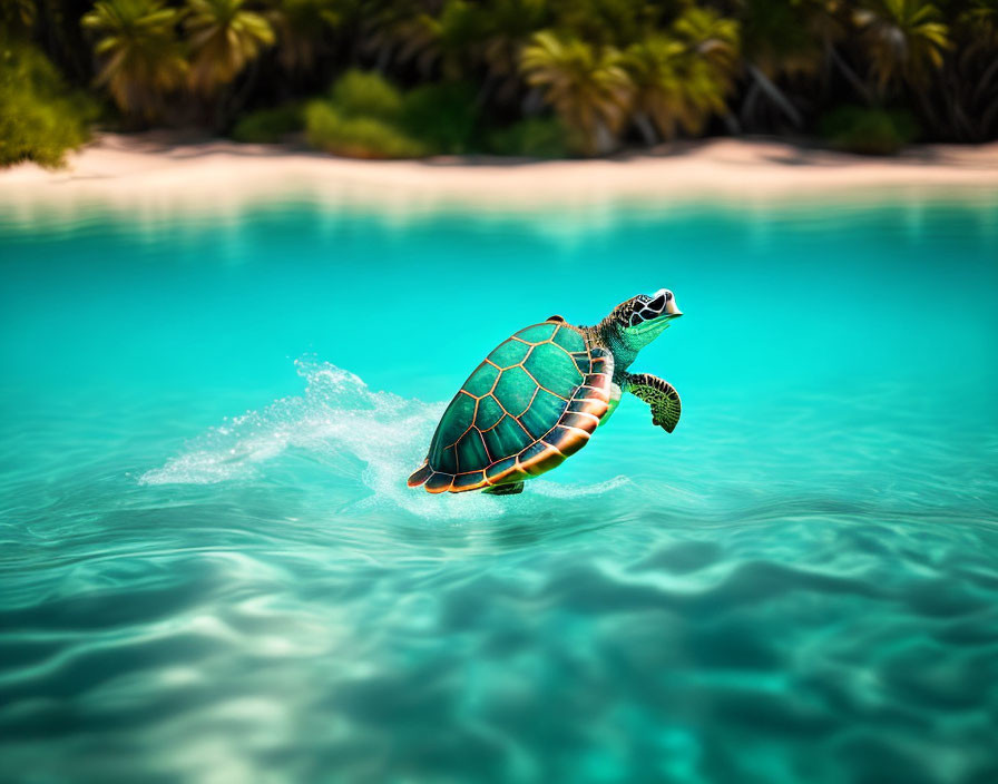 Sea Turtle Swimming in Clear Blue Tropical Waters with Lush Greenery