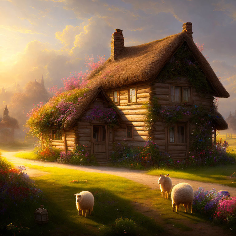 Thatched roof cottage with sheep and flowers in golden light