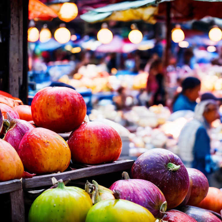 Vibrant apples at market stall with bustling background of farmers market and shoppers.