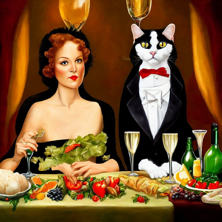 Illustrated woman dining with large cat in tuxedo among elegant food & drink