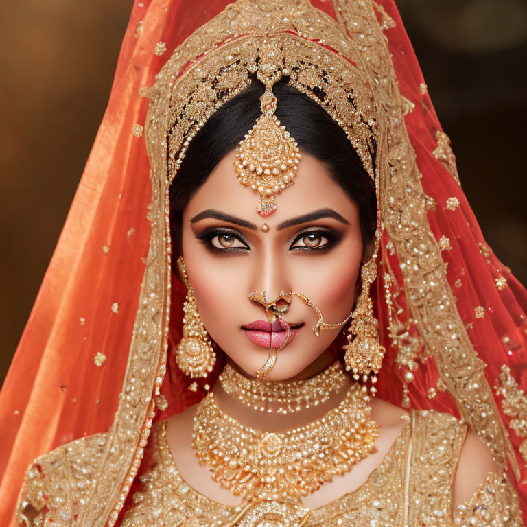 Elaborate traditional bridal attire with red veil and gold jewelry