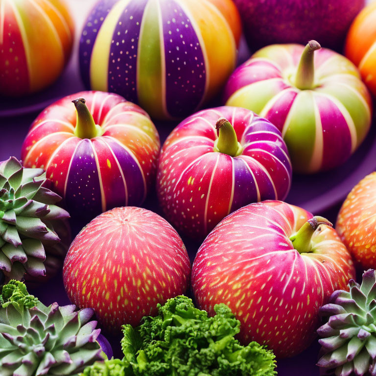 Vibrant artificial fruits and succulents on purple background