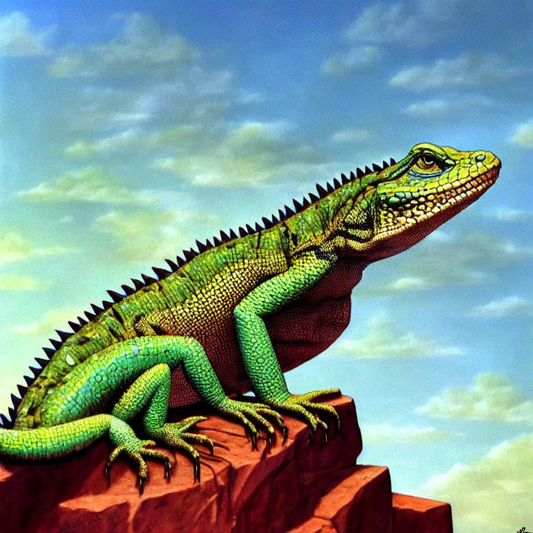 Colorful green iguana sunbathing on rocky outcrop under blue sky