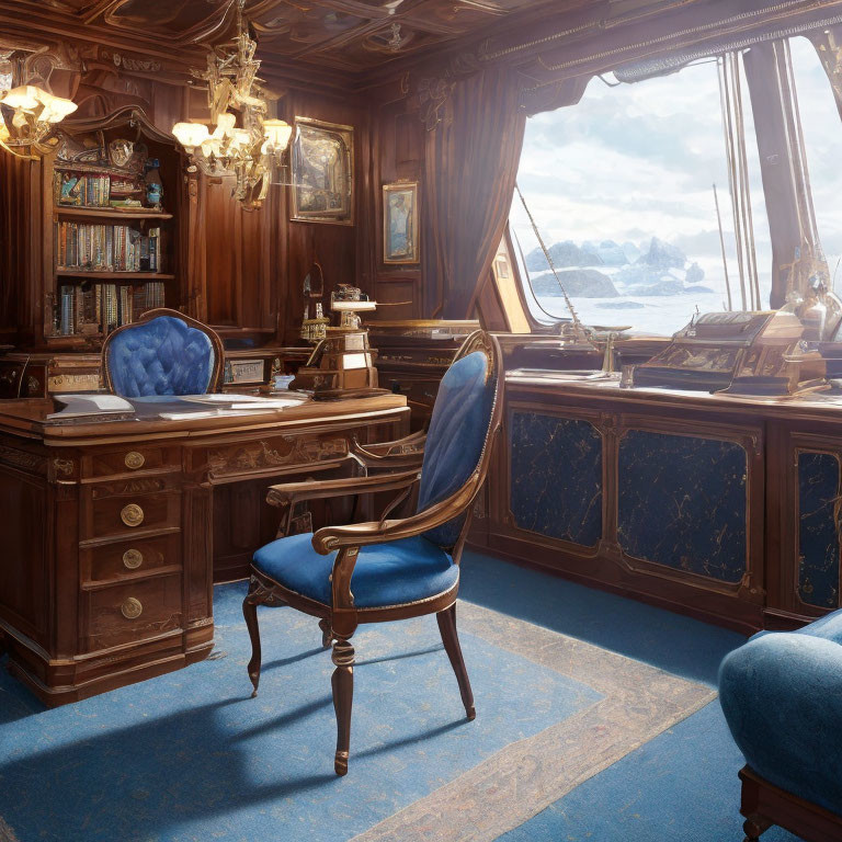 Wooden office with desk, chair, ornate decorations, and snowy mountain view