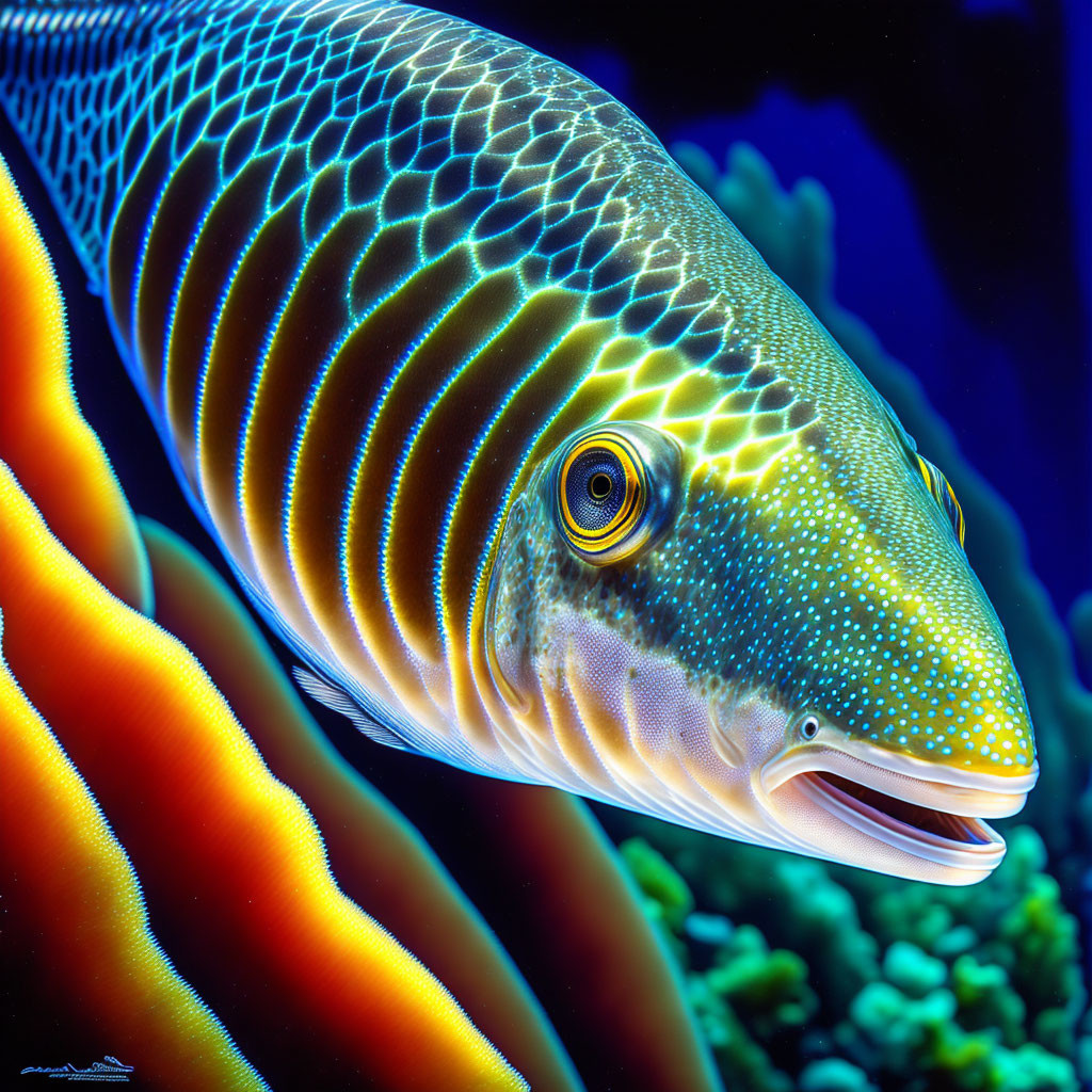 Colorful Tropical Fish with Vibrant Scales and Fins in Deep Blue Ocean