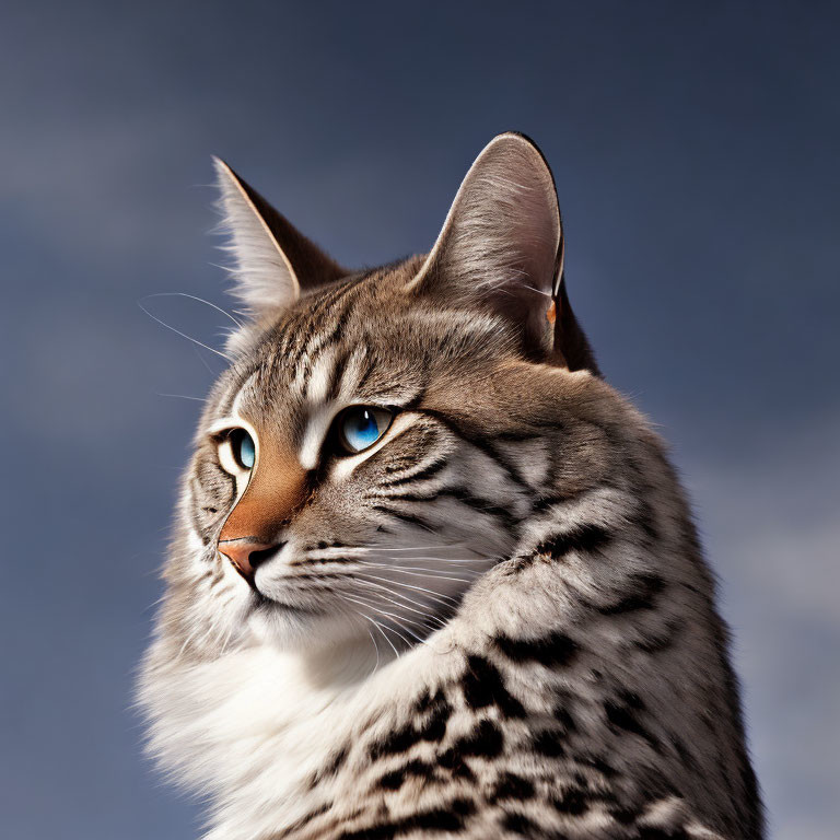 Tabby Cat Portrait with Striking Blue Eyes and Spotted Fur