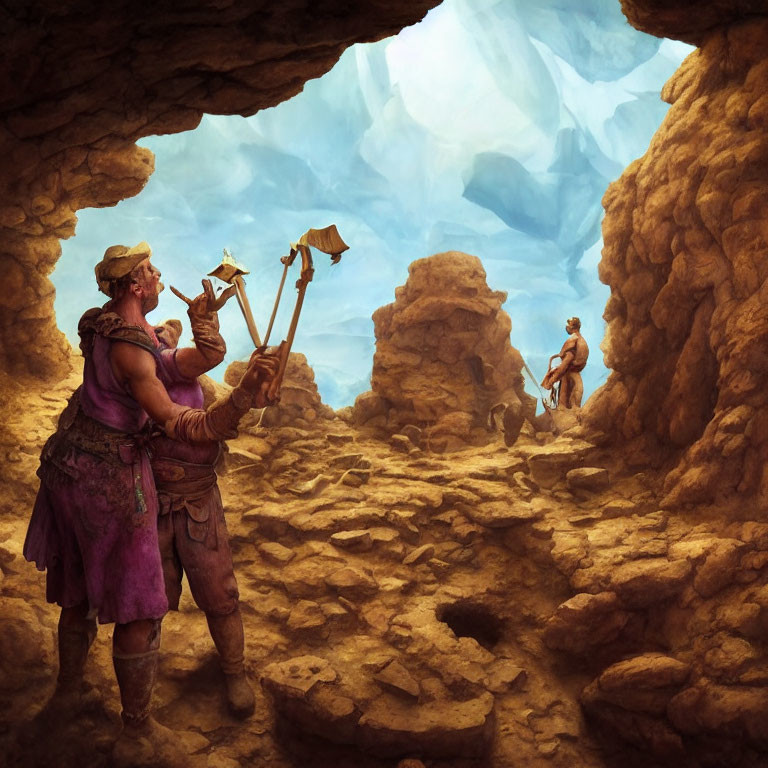 Person in Purple Clothes Holding Flag Inside Cave Watching Figure Scaling Rock Formation under Blue Sky