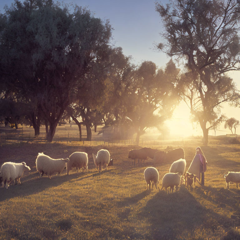 Scenic sunset with grazing sheep and shepherd in pastoral setting