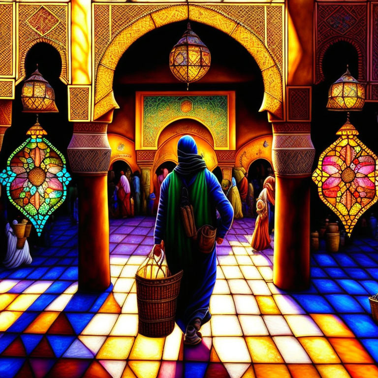 Colorful Market Scene with Person in Blue Cloak and Stained Glass Lanterns