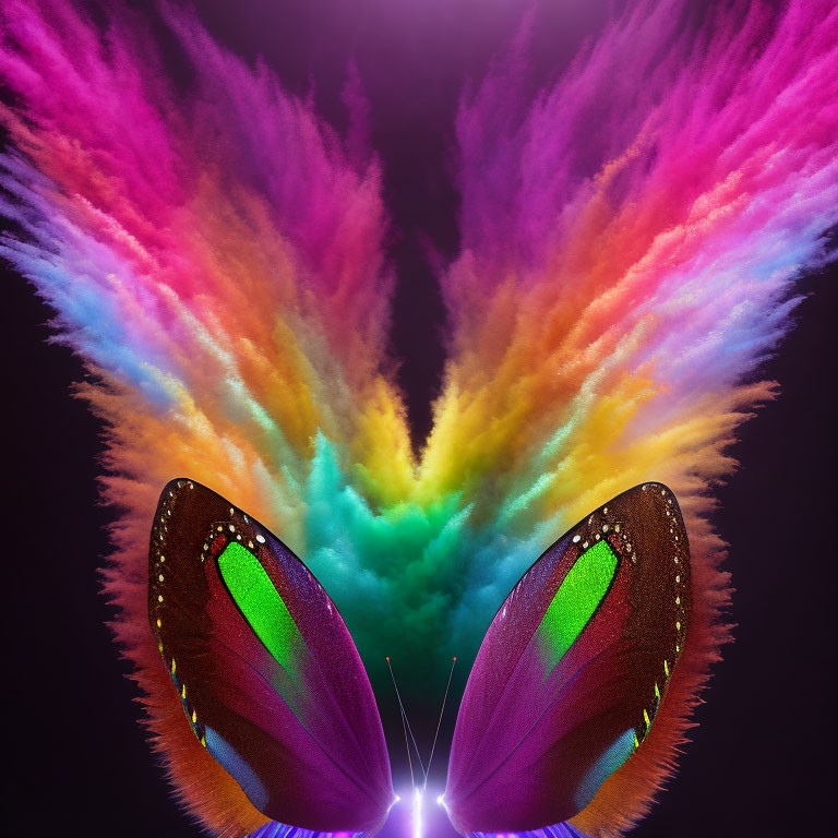 Colorful Butterfly Wings Explosion on Dark Background in Pink and Green