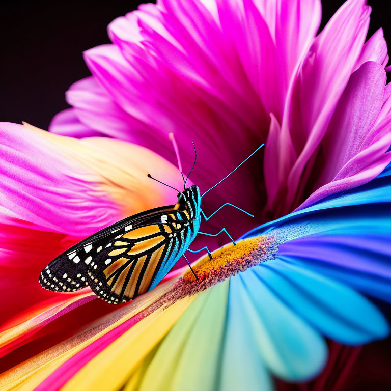 Colorful Monarch Butterfly on Edge of Vibrant Gerbera Daisy