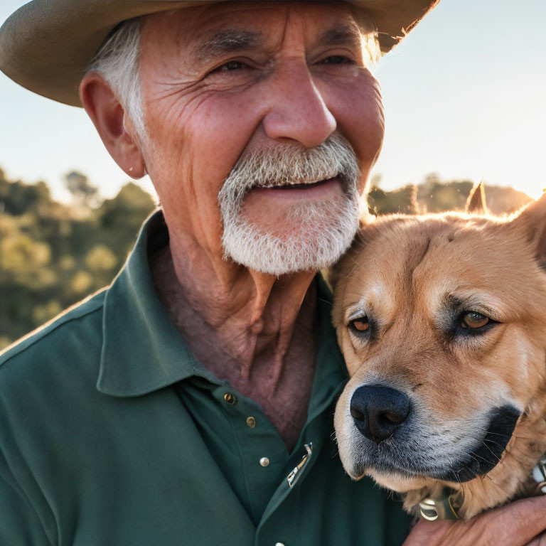 Elderly Man Smiling with Tan Dog Outdoors