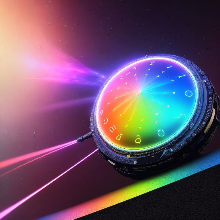 Vibrant rainbow gradient digital watch face with starry background and purple light beam