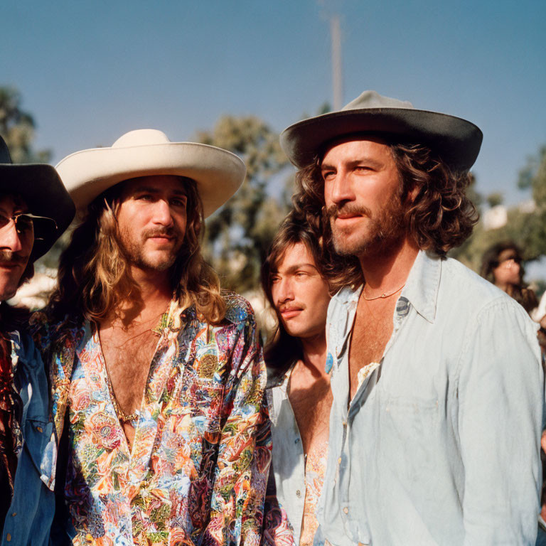 Four Men in 70s Fashion with Wide-Brimmed Hats and Patterned Shirts Outdoors