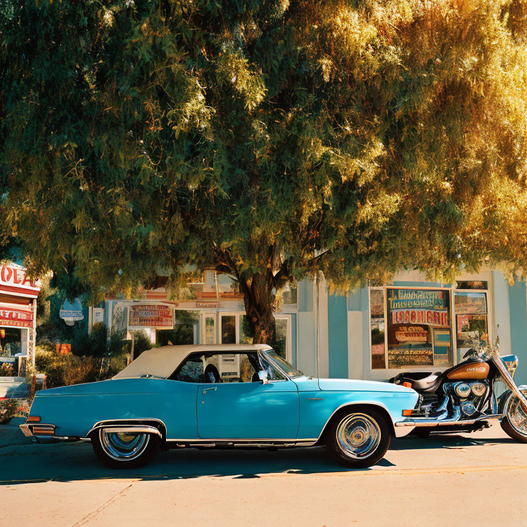 Vintage Blue Convertible Car, Classic Motorcycle, and Retro Signage in Sunny Day Scene