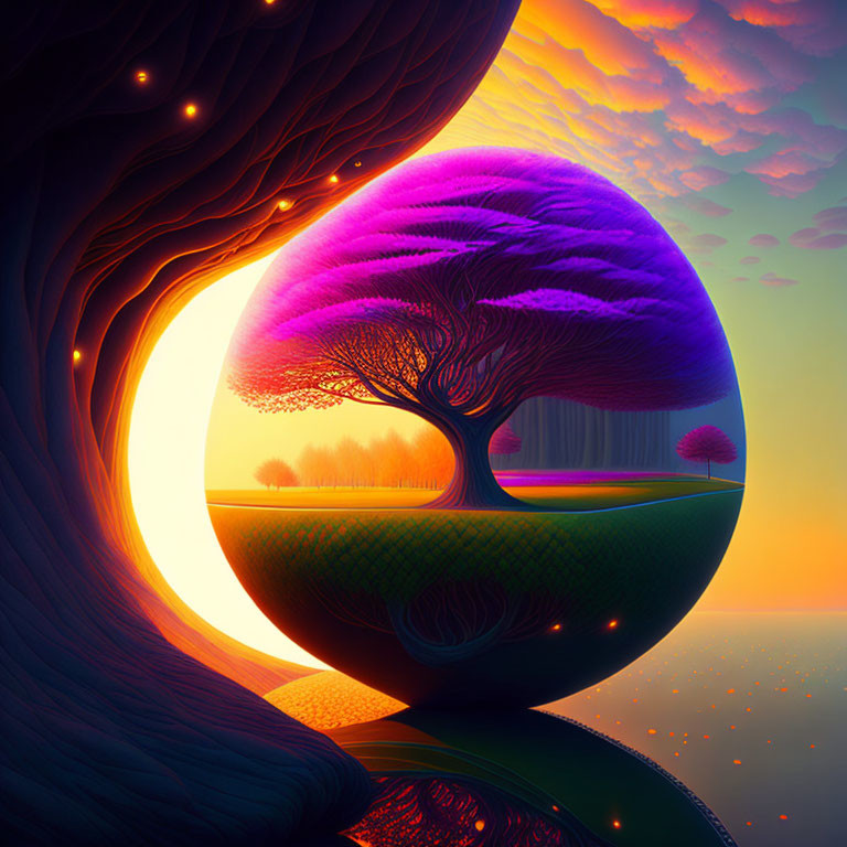 Colorful digital artwork: surreal landscape, purple tree, reflective orb, sunset, luminous details