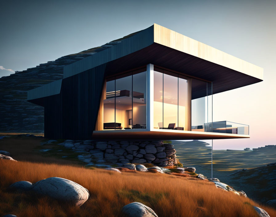 Contemporary cantilevered house with expansive glass windows on rocky coast at sunset