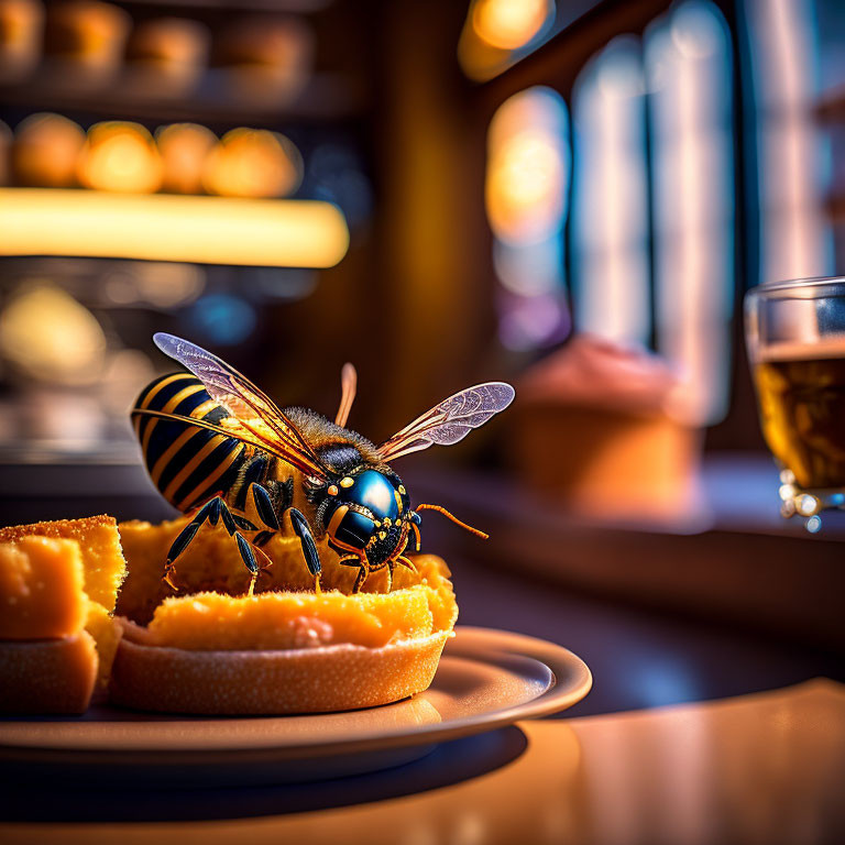 Close-up of wasp on sliced bread with blurred background of person and beverage