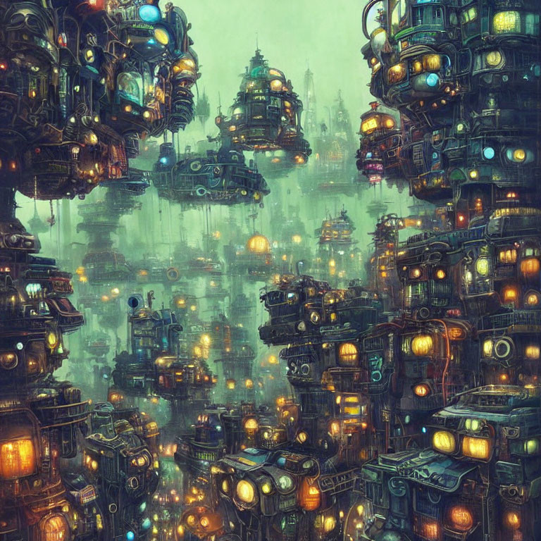 Futuristic cityscape with floating buildings and misty ambiance