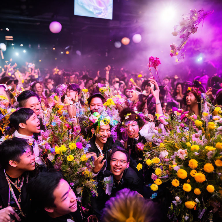 Colorful crowd at festive event with fresh flowers, exuding joy