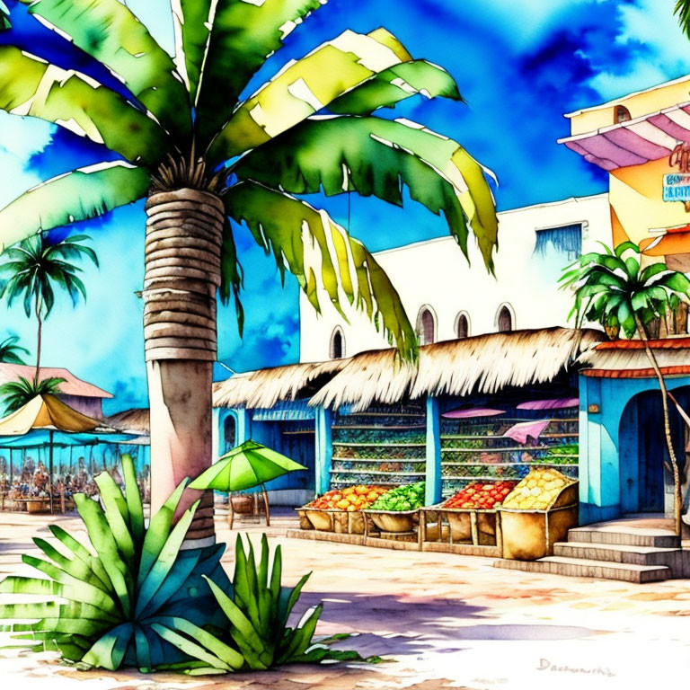 Tropical street scene watercolor painting with fruit stand, palm trees, and colorful buildings.