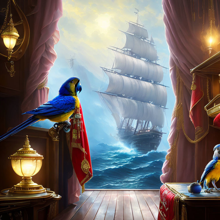 Colorful macaw in opulent room with ship on stormy sea.