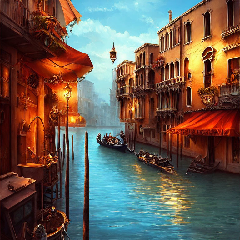 Historic buildings and gondolas on serene Venetian canal at sunset