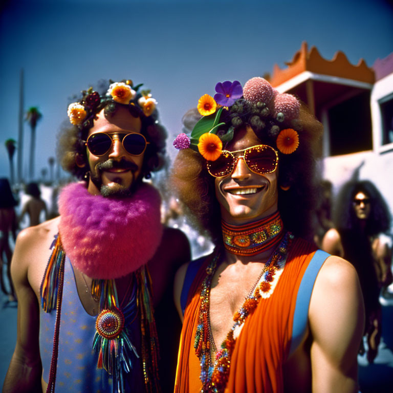 Pair of individuals in 1970s hippie attire with colorful outfits and flower accessories