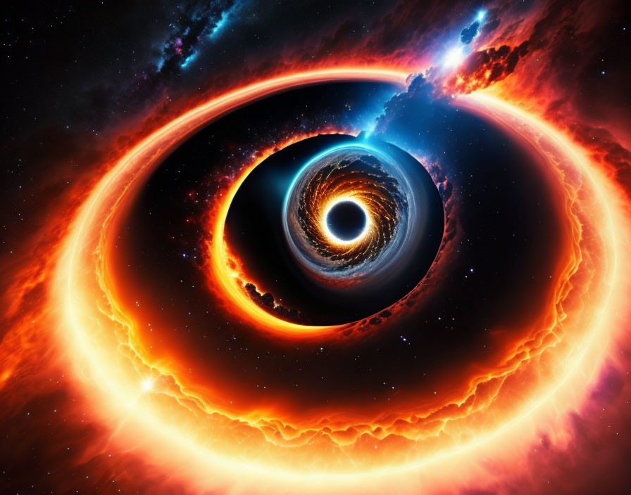 Colorful digital art: Black hole in orange and blue cosmic swirls amid starry space.