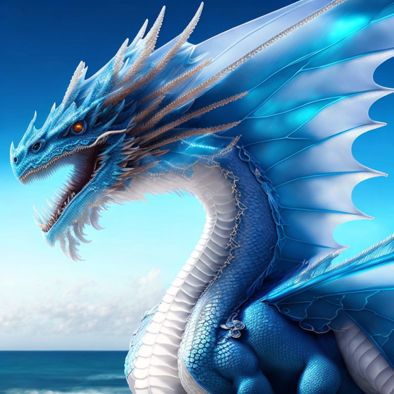 Blue dragon with intricate scales and orange eyes against clear sky and ocean