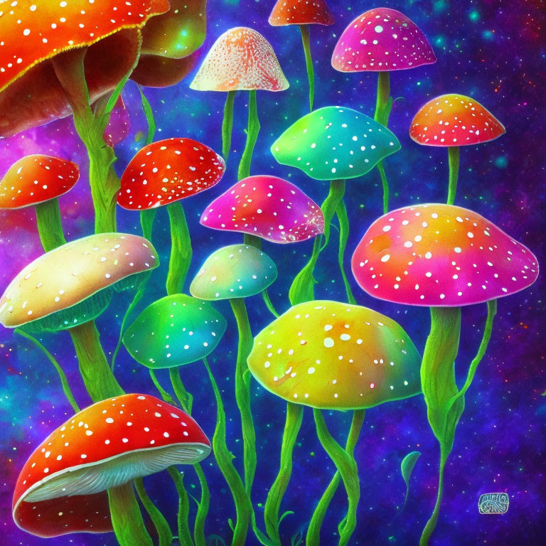 Colorful Mushroom Painting with Cosmic Background in Purple, Pink, Blue, Green