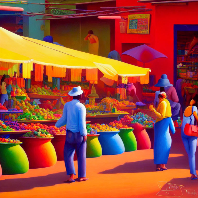 Colorful Market Scene with Shoppers and Fruit Stalls Under Yellow Awnings