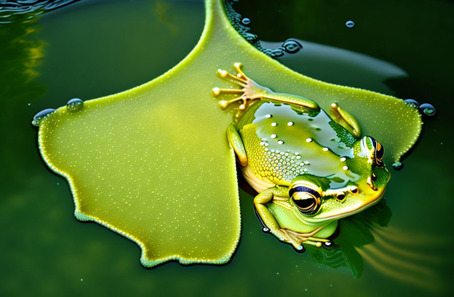 Green frog on floating leaf with water droplets