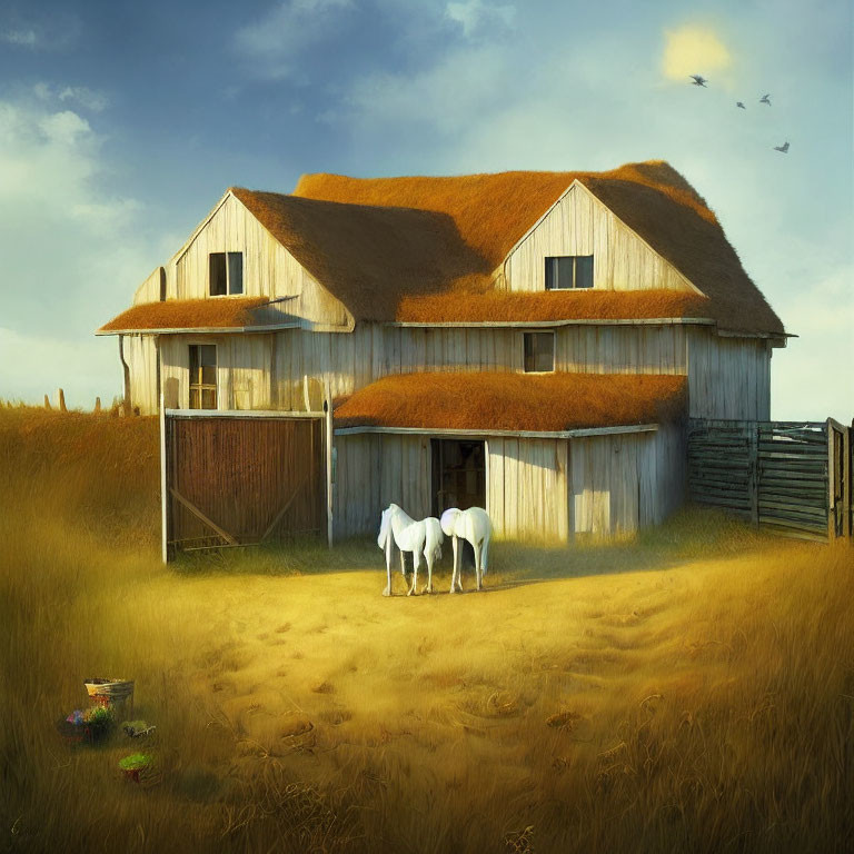 Two White Horses in Front of Old Thatched Barn Amid Dry Grass and Vast Sky